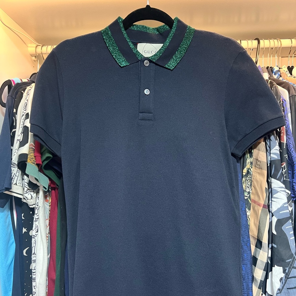 Polo by Ralph Lauren Men's Navy Polo Shirt with Green Collar - XS